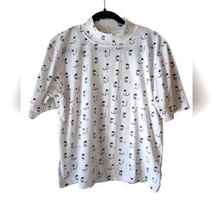 Christopher & Banks Y2K Mockneck Cat Novelty Print Short Sleeve Top Size Large